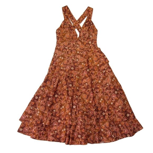 NWT J.Crew Collection Cross-back Ruffle-hem Midi in Pecan Vintage Vines Dress 4 - Picture 1 of 9